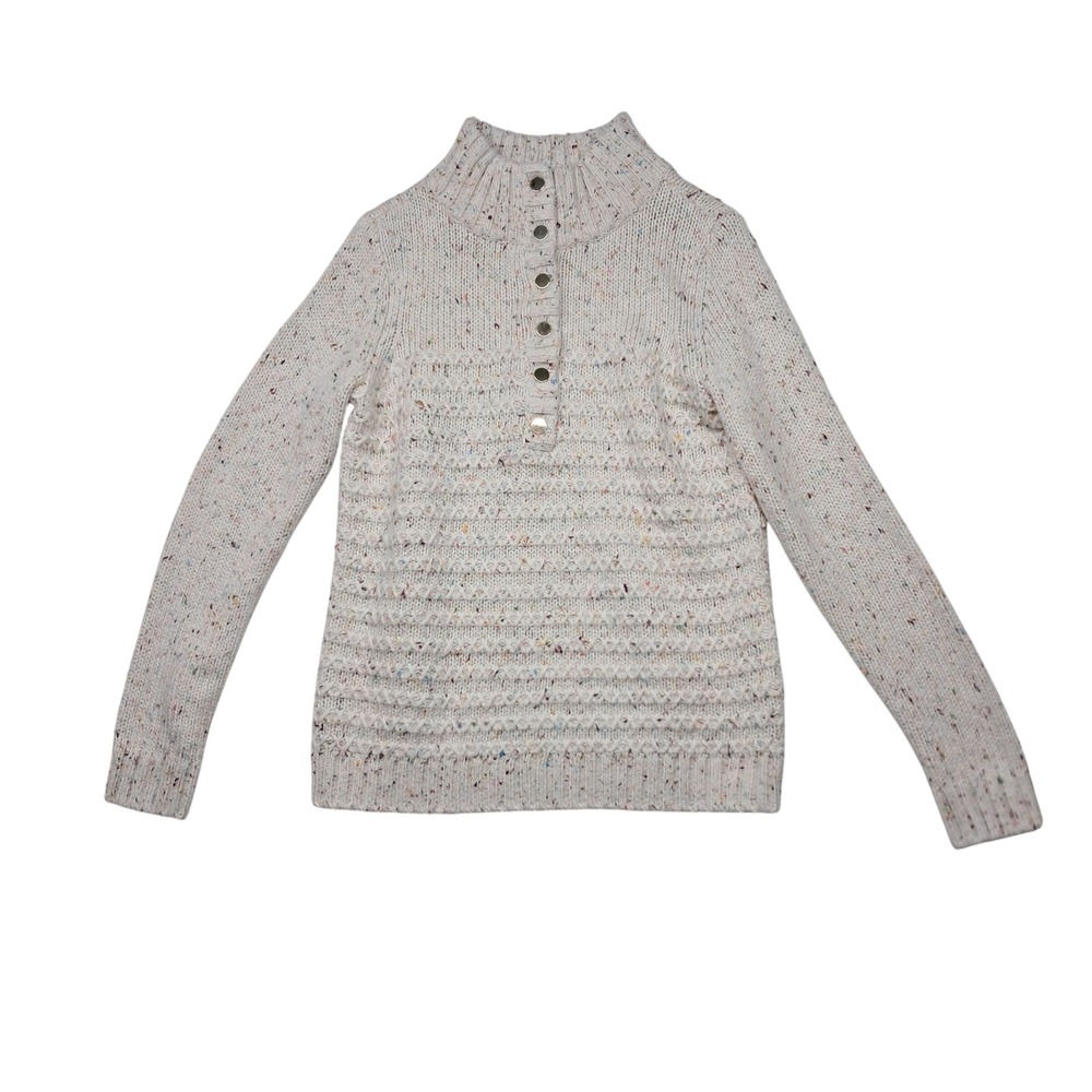 Talbots Texture Tweed Snap Mockneck Sweater Women's‎ XS Cream Speckled Preppy